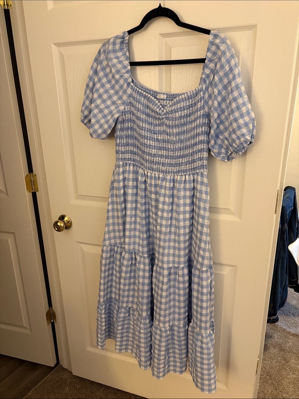 Light Blue Gingham Smocked Midi Dress with Puff Sleeves